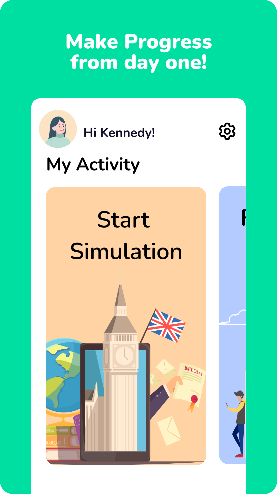 The app home screen with a Start Simulation option and an illustration of Big Ben