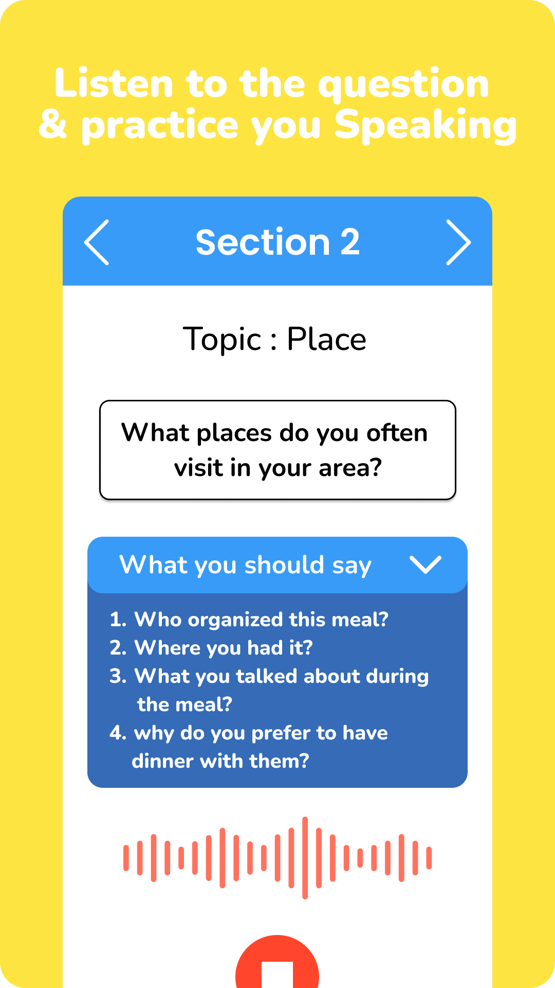 The app simulation screen with a speaking question, answer guidance, and recording controls